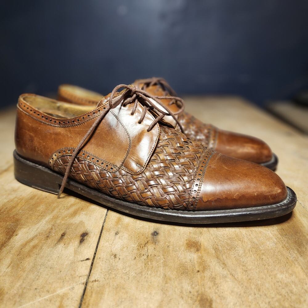 MEZLAN sz 10 Mens Brown Leather Del Mar Woven Cap Toe Oxfords